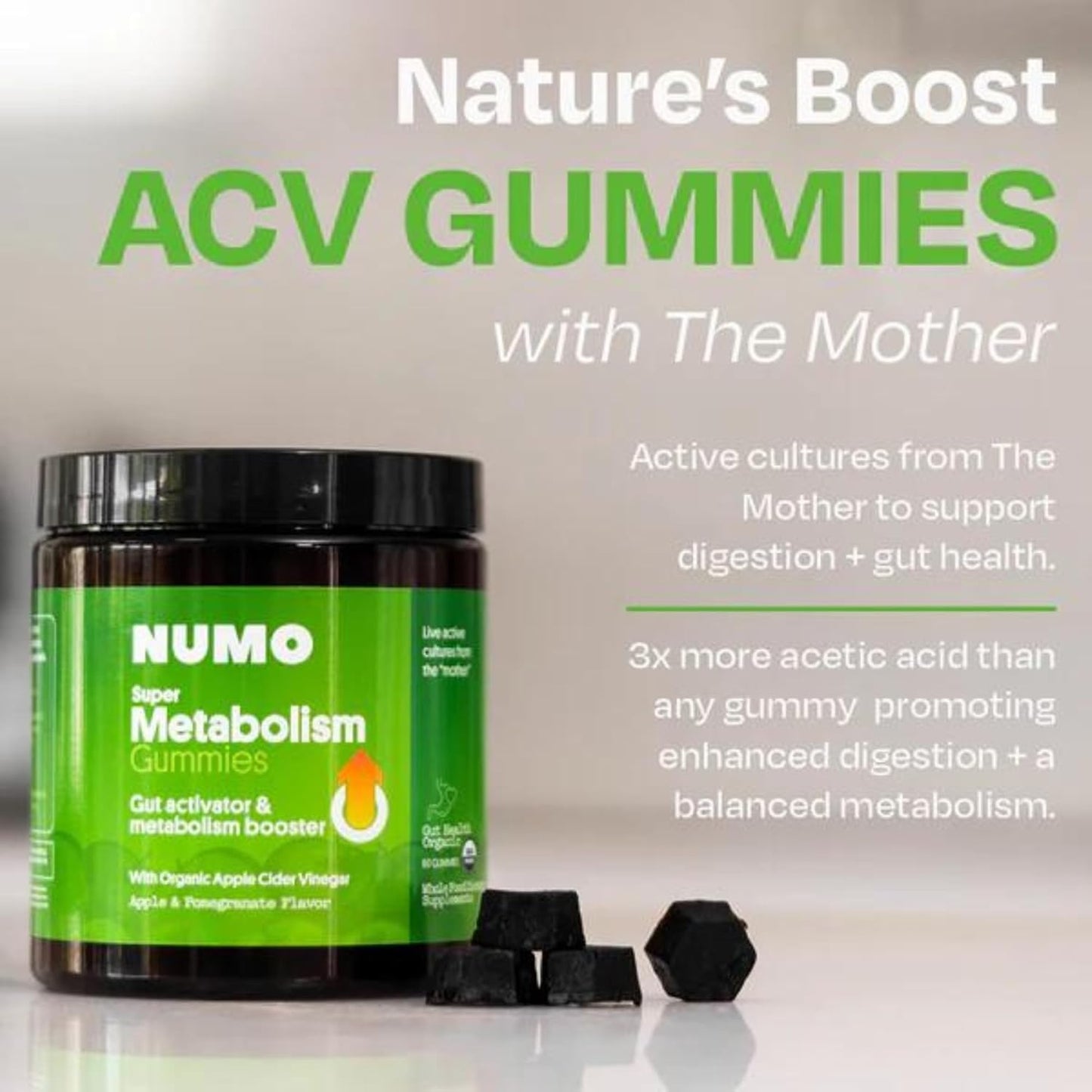 Gomitas de vinagre de sidra de manzana Numo de The Mother, gomitas ACV con probióticos, ácido fólico, aceite MCT, vitamina B12, granada, apoya la salud digestiva, el sistema inmunológico, la salud intestinal - 60 unidades