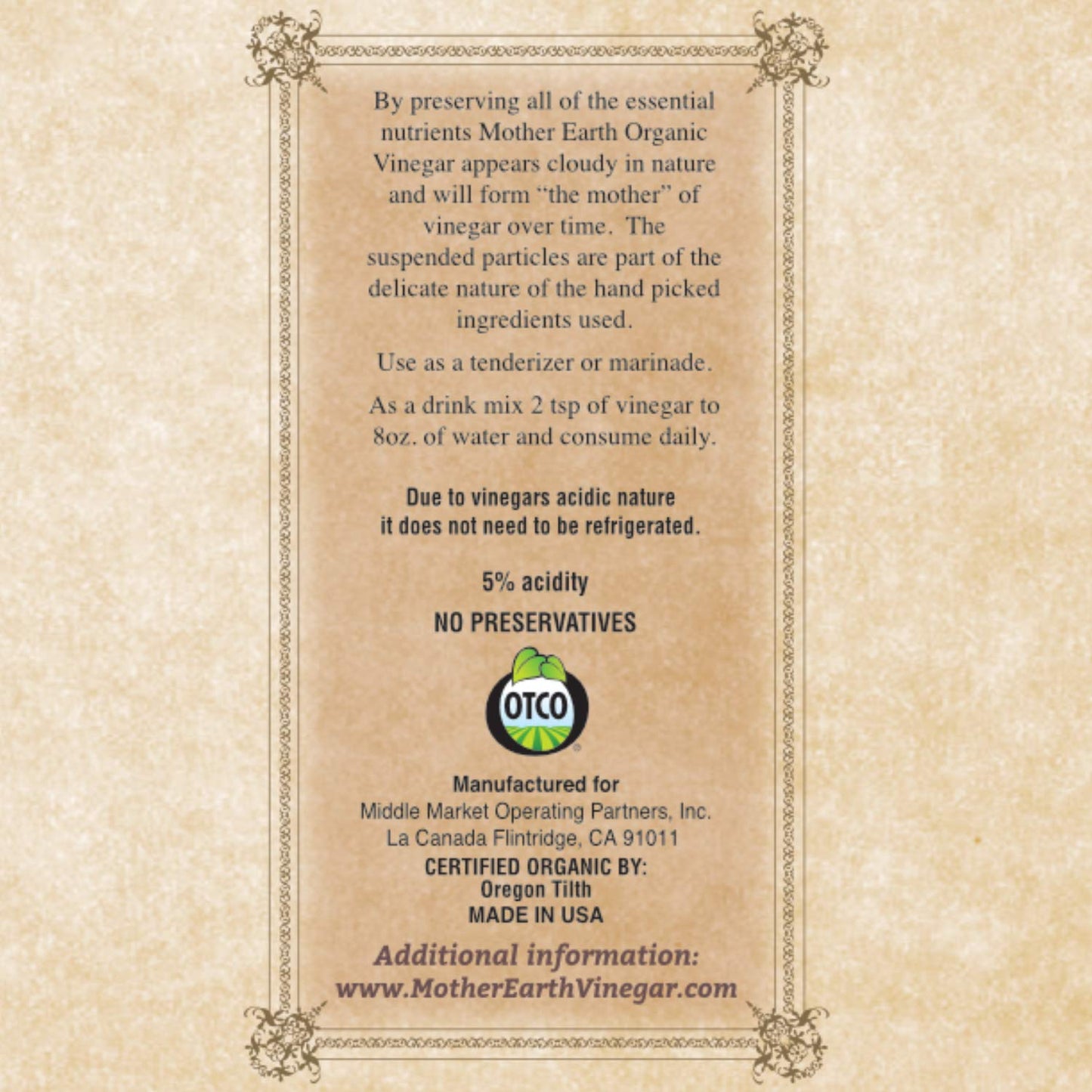 Vinagre de Sidra de Manzana Orgánico Mother Earth con la Madre – Botella de Vidrio de 16 oz