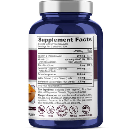 NusaPure Complejo de quercetina: bromelina, vitamina C, vitamina D3, ortiga, zinc | 200 cápsulas vegetales (sin OGM, bioperina)