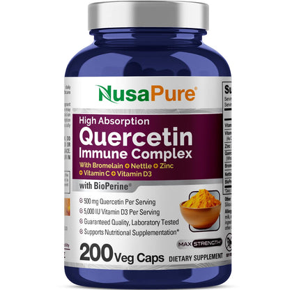NusaPure Complejo de quercetina: bromelina, vitamina C, vitamina D3, ortiga, zinc | 200 cápsulas vegetales (sin OGM, bioperina)