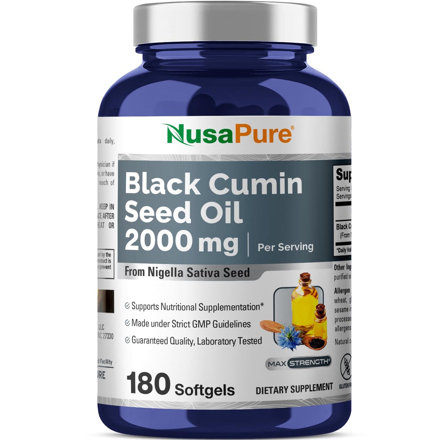 Aceite de comino negro NusaPure 2000 mg por porción - 180 cápsulas blandas (sin OMG, sin gluten) Nigella Sativa prensado en frío
