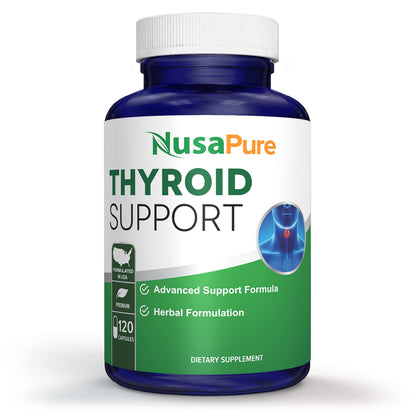 NusaPure Suplemento para el Apoyo de la Tiroides (sin OGM) 120 cápsulas, Ashwagandha, Yodo, Zinc, alga marina, Vitamina B12, L-Tirosina, Selenio, Cobre