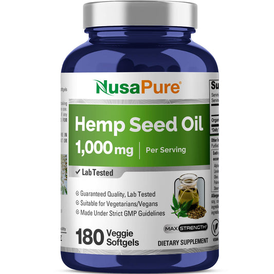 Cápsulas de aceite de cáñamo NusaPure, 1,000mg por porción, 180 cápsulas blandas vegetales, sin OMG, vegano