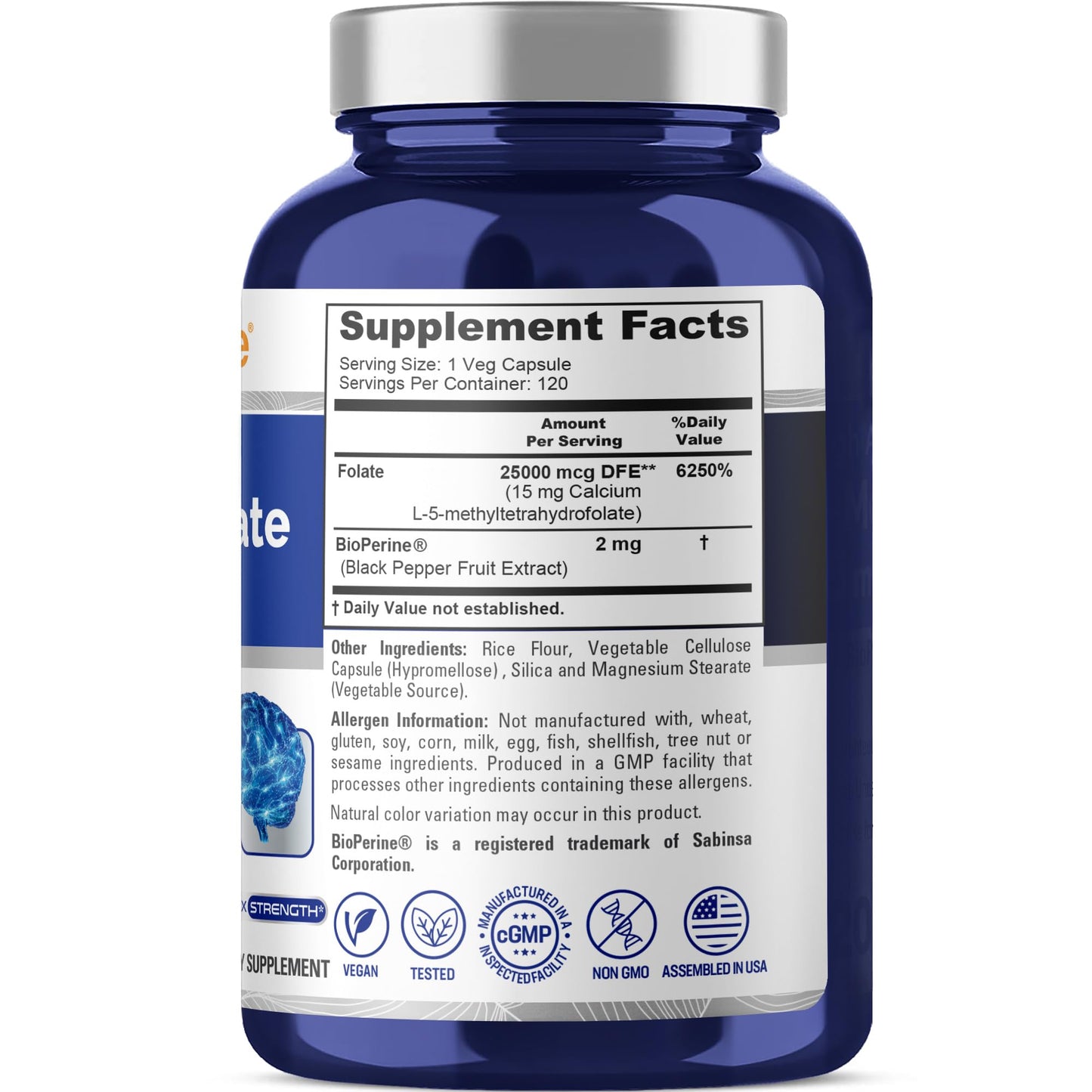 NusaPure L-metilfolato 15 mg, 120 cápsulas vegetales, bioperina y vegano
