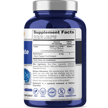 NusaPure L-metilfolato 15 mg, 120 cápsulas vegetales, bioperina y vegano