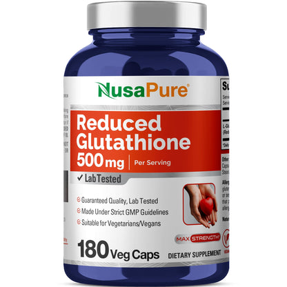 NusaPure Glutatión Reducido 500mg 180 Cápsulas Vegetales (Vegano, Sin OMG) L-Glutatión