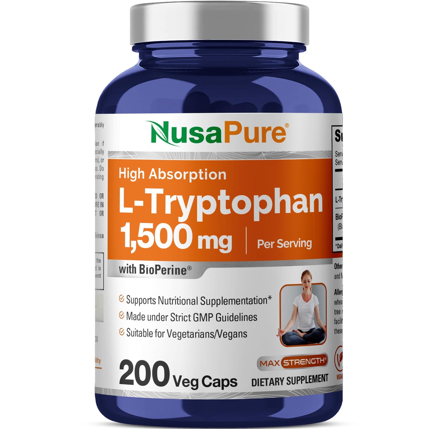 NusaPure L-Triptófano - Apto para vegetarianos/veganos, sin OMG - 1500mg 200 Cápsulas
