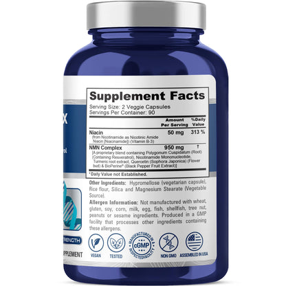 NusaPure NMN Complex 1.000 mg por porción con Resveratrol, Raíz de Cúrcuma, Quercetina y BioPerine, 180 Cápsulas Veganas (90 Porciones) – Sin OGM, Vegano, Probado en Laboratorio, Fabricado en Instalación cGMP