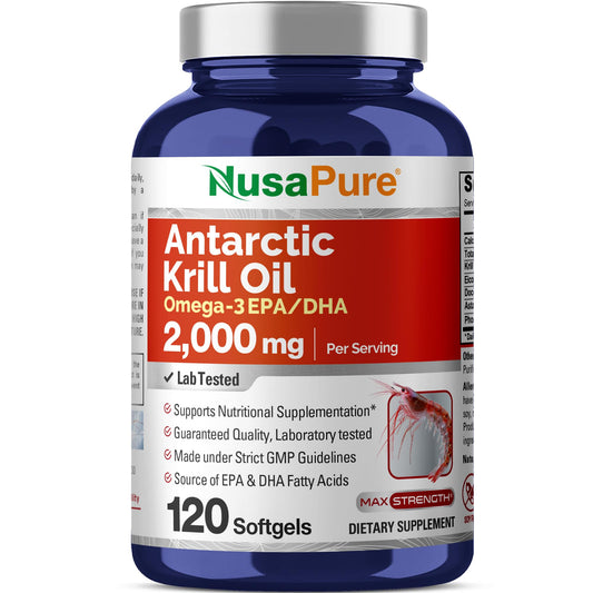 NusaPure Antarctic Krill Oil 2000 mg 120 Softgels, Omega-3 EPA 360mg, DHA 240mg, Soyfree Astaxanthin Supplement Sourced from Krill 800ppm