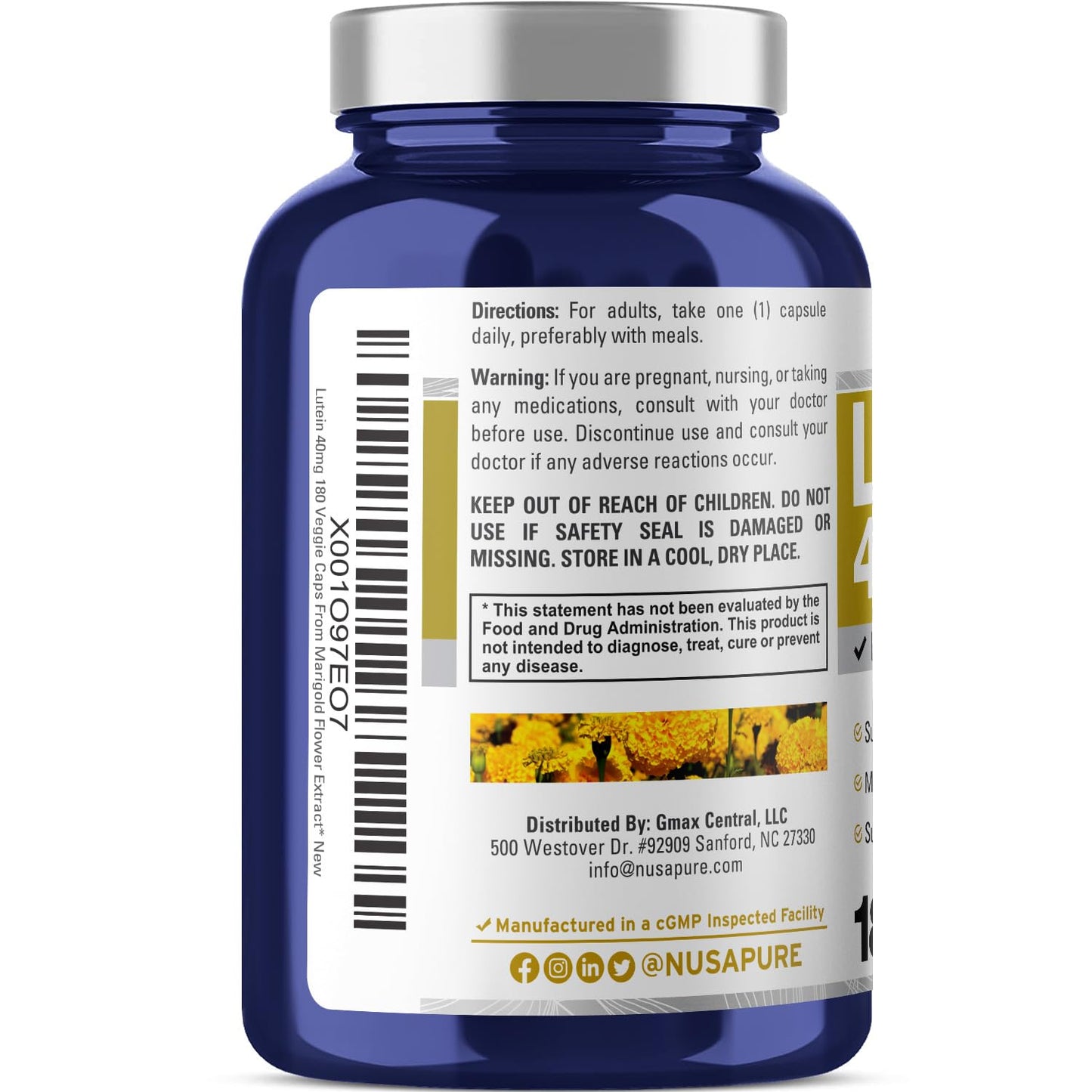NusasPure Luteína - Apto para vegetarianos/veganos, sin OMG - 40 mg - 180 Cápsulas