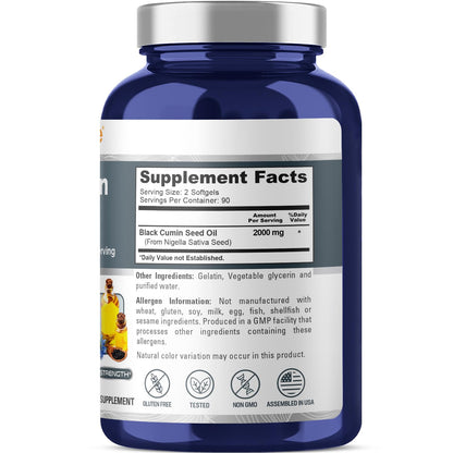 Aceite de comino negro NusaPure 2000 mg por porción - 180 cápsulas blandas (sin OMG, sin gluten) Nigella Sativa prensado en frío