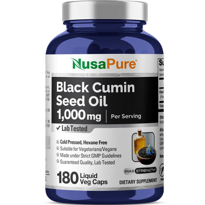 Aceite de Comino Negro (Nigella Sativa) NusaPure, 1000 mg por ración, 180 cápsulas blandas (sin OMG, apto para vegetarianos y veganos), prensado en frío. Sin hexano.
