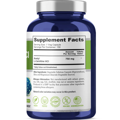 NusaPure Acetil L-Carnitina 750mg por Cápsula 150 Cápsulas Vegetales (Sin OGM, Vegano) Acetil L Carnitina HCL (ALCAR) de Alta Potencia