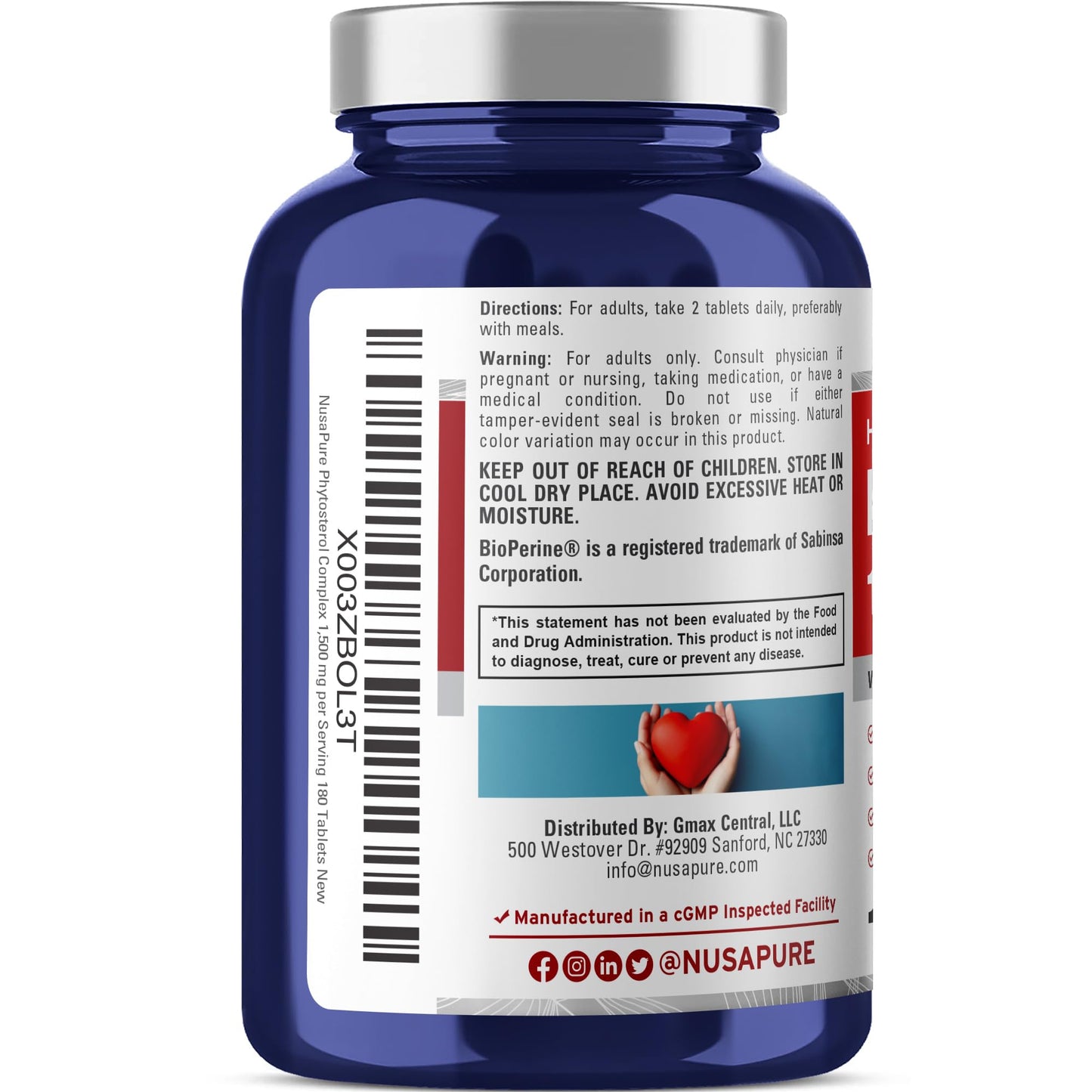 NusaPure Fitoesteroles 1500 mg - 180 Comprimidos (Sin OGM, Vegano) Beta Sitosterol, Bioperine