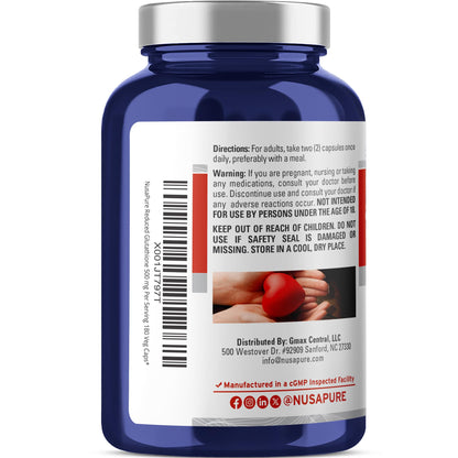 NusaPure Glutatión Reducido 500mg 180 Cápsulas Vegetales (Vegano, Sin OMG) L-Glutatión