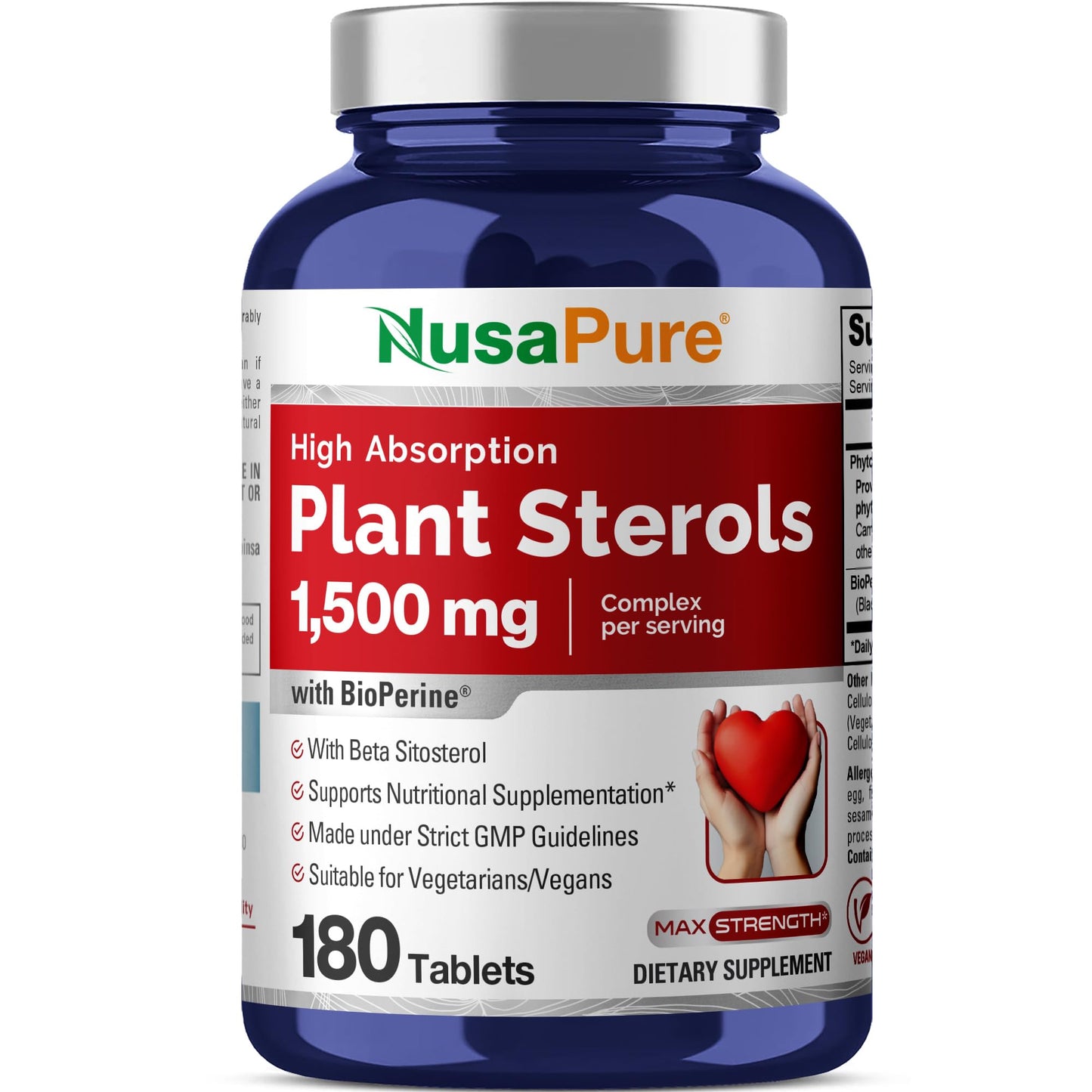 NusaPure Fitoesteroles 1500 mg - 180 Comprimidos (Sin OGM, Vegano) Beta Sitosterol, Bioperine