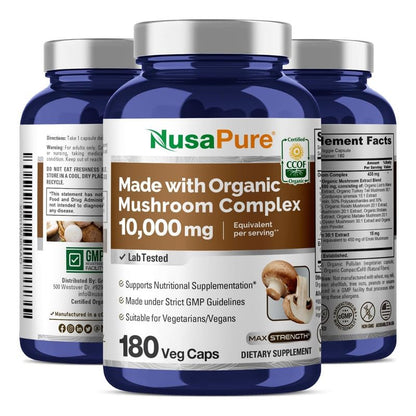 NusaPure Complejo de Hongos Orgánicos 450 mg por Cápsula, 180 Cápsulas Vegetales, sin OMG, Enoki, Cola de Pavo, Reishi, Chaga, Maitake