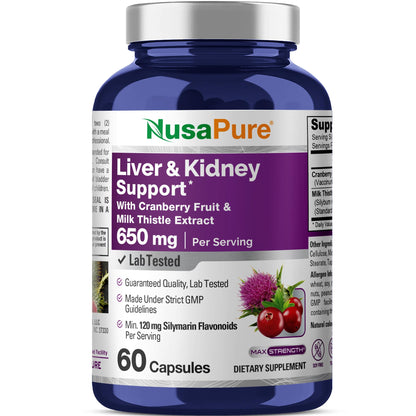 NusaPure Apoyo para Hígado y Riñones con Fruta de Arándano y Extracto de Cardo Mariano 650 mg 60 Cápsulas Sin OGM Sin Soya Suplemento Dietético