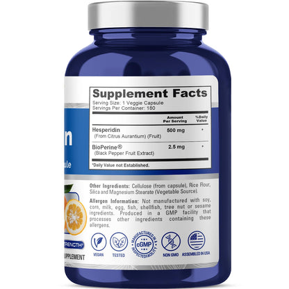 NusaPure Hesperidina 500 mg por Cápsula Vegetal - 180 Cápsulas (BioPerine, Alta Absorción, Sin OGM)
