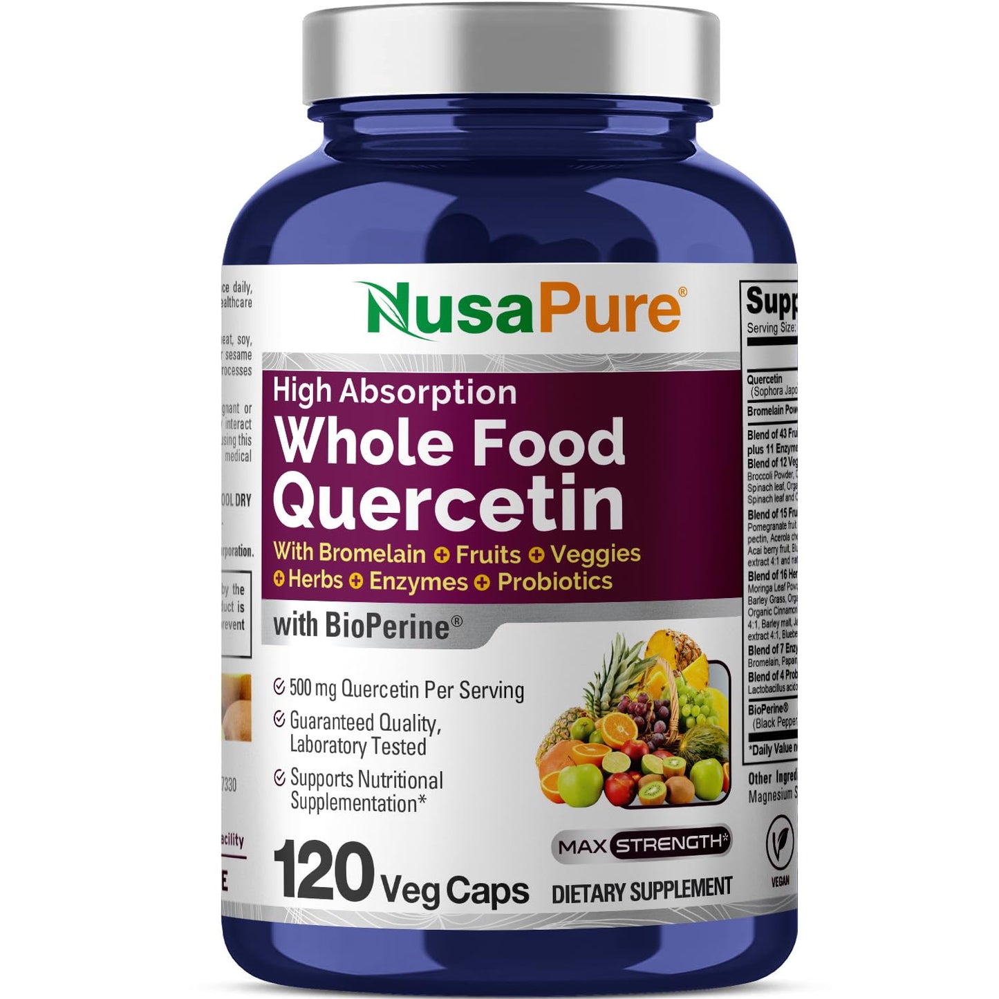 NusaPure Quercetina con Bromelina 500mg | 120 Cápsulas Vegetales | Mezcla de 43 Frutas Verduras Granos Hierbas Enzimas Probióticos | Sin OGM, Vegano, Bioperina