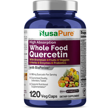 NusaPure Quercetina con Bromelina 500mg | 120 Cápsulas Vegetales | Mezcla de 43 Frutas Verduras Granos Hierbas Enzimas Probióticos | Sin OGM, Vegano, Bioperina