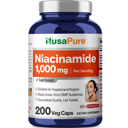 NusaPure Niacinamida 1000mg 200 Cápsulas Vegetales (Sin OGM, Vegano) Sin Enrojecimiento