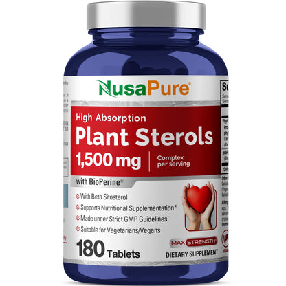 NusaPure Fitoesteroles 1500 mg - 180 Comprimidos (Sin OGM, Vegano) Beta Sitosterol, Bioperine