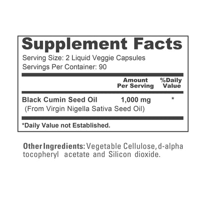 Aceite de Comino Negro (Nigella Sativa) NusaPure, 1000 mg por ración, 180 cápsulas blandas (sin OMG, apto para vegetarianos y veganos), prensado en frío. Sin hexano.