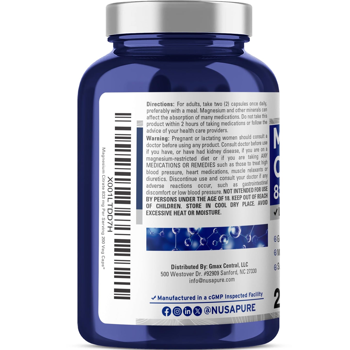 Citrato de Magnesio 833mg de NusaPure - 200 Cápsulas Vegetales (Vegetariano, No OGM, Vegano)