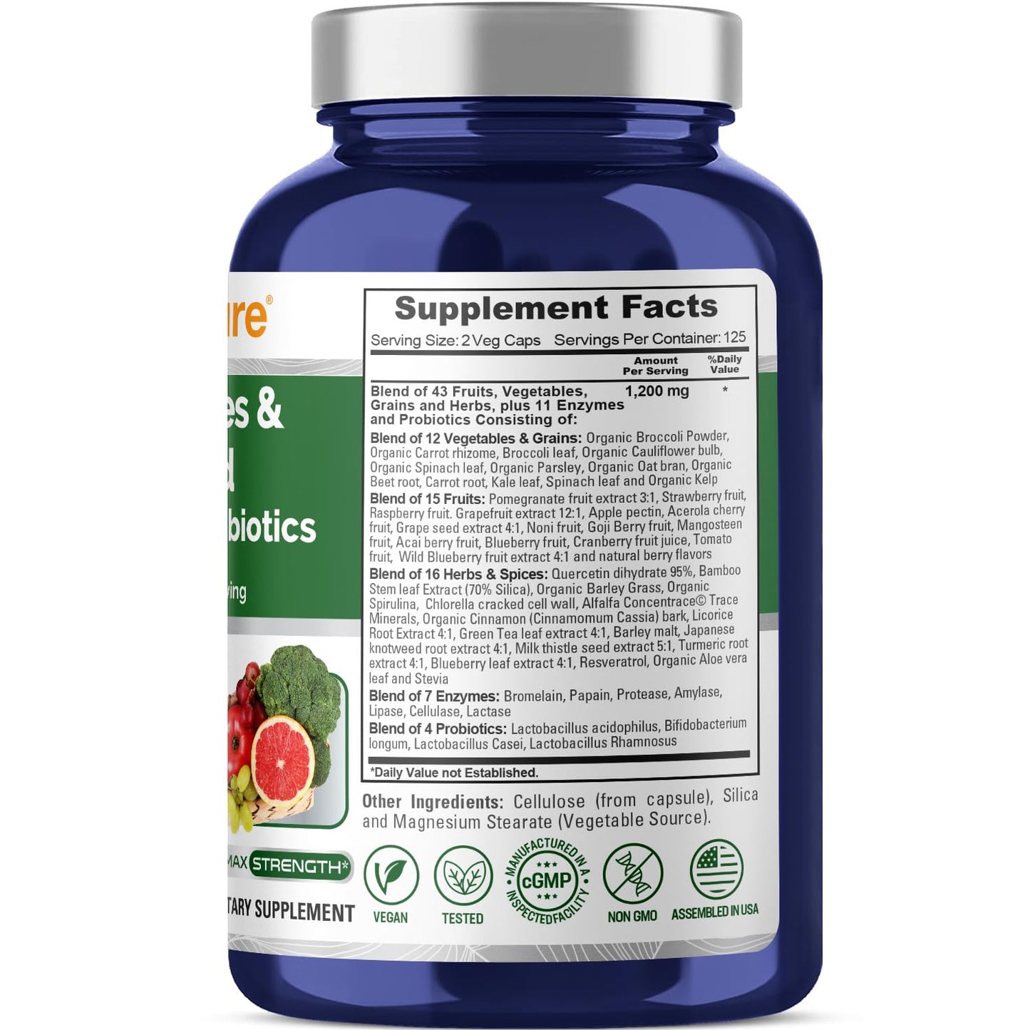 Suplemento de Frutas y Verduras NusaPure 1200 mg 250 Cápsulas - 43 Frutas y Verduras, 11 Enzimas, Probióticos (Vegano/Vegetariano, Sin OGM)