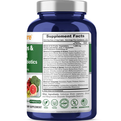 Suplemento de Frutas y Verduras NusaPure 1200 mg 250 Cápsulas - 43 Frutas y Verduras, 11 Enzimas, Probióticos (Vegano/Vegetariano, Sin OGM)