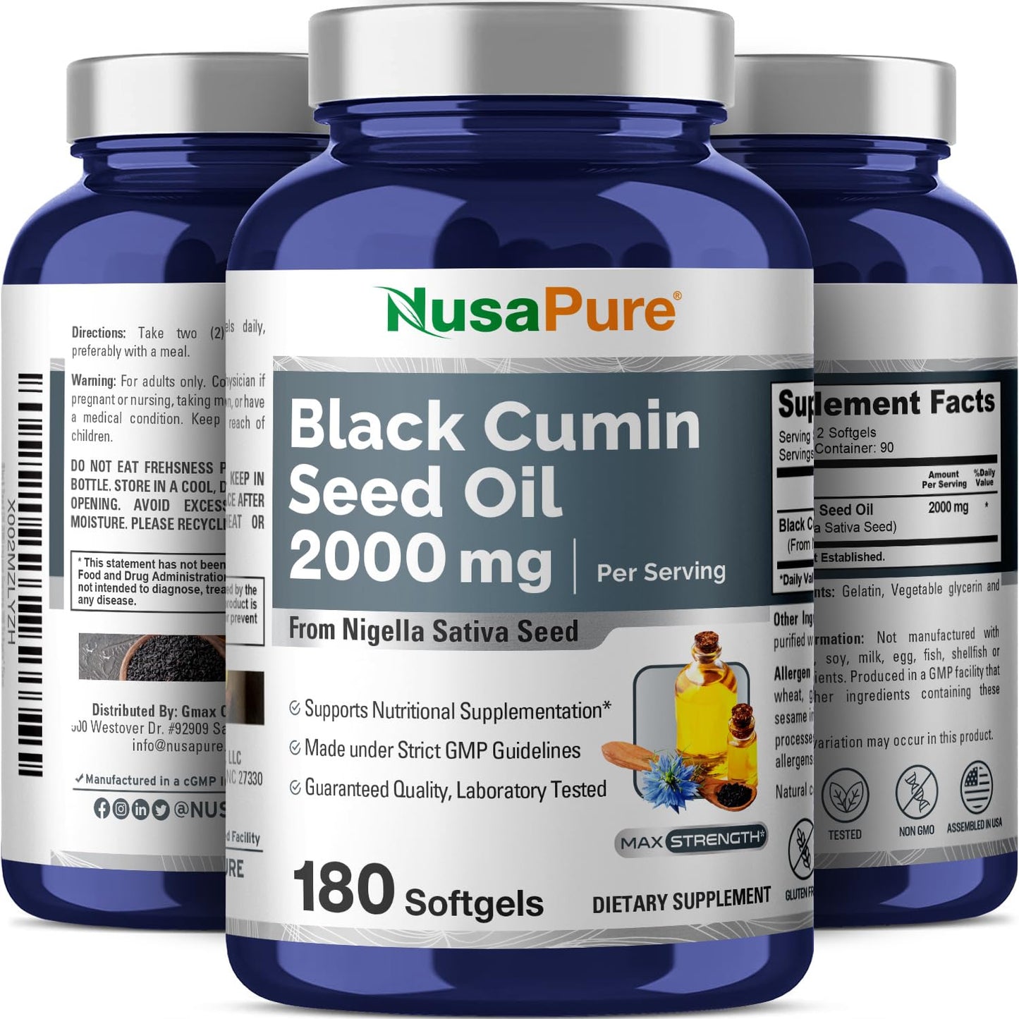 Aceite de comino negro NusaPure 2000 mg por porción - 180 cápsulas blandas (sin OMG, sin gluten) Nigella Sativa prensado en frío