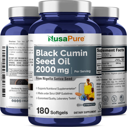 Aceite de comino negro NusaPure 2000 mg por porción - 180 cápsulas blandas (sin OMG, sin gluten) Nigella Sativa prensado en frío