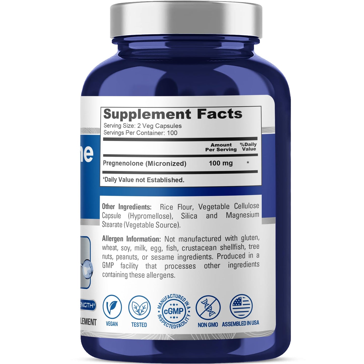 NusaPure Pregnenolona (Micronizada) 100 mg por porción 200 Cápsulas Vegetales Suplemento Dietético Vegano, No OGM