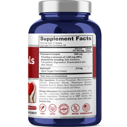 NusaPure Fitoesteroles 1500 mg - 180 Comprimidos (Sin OGM, Vegano) Beta Sitosterol, Bioperine