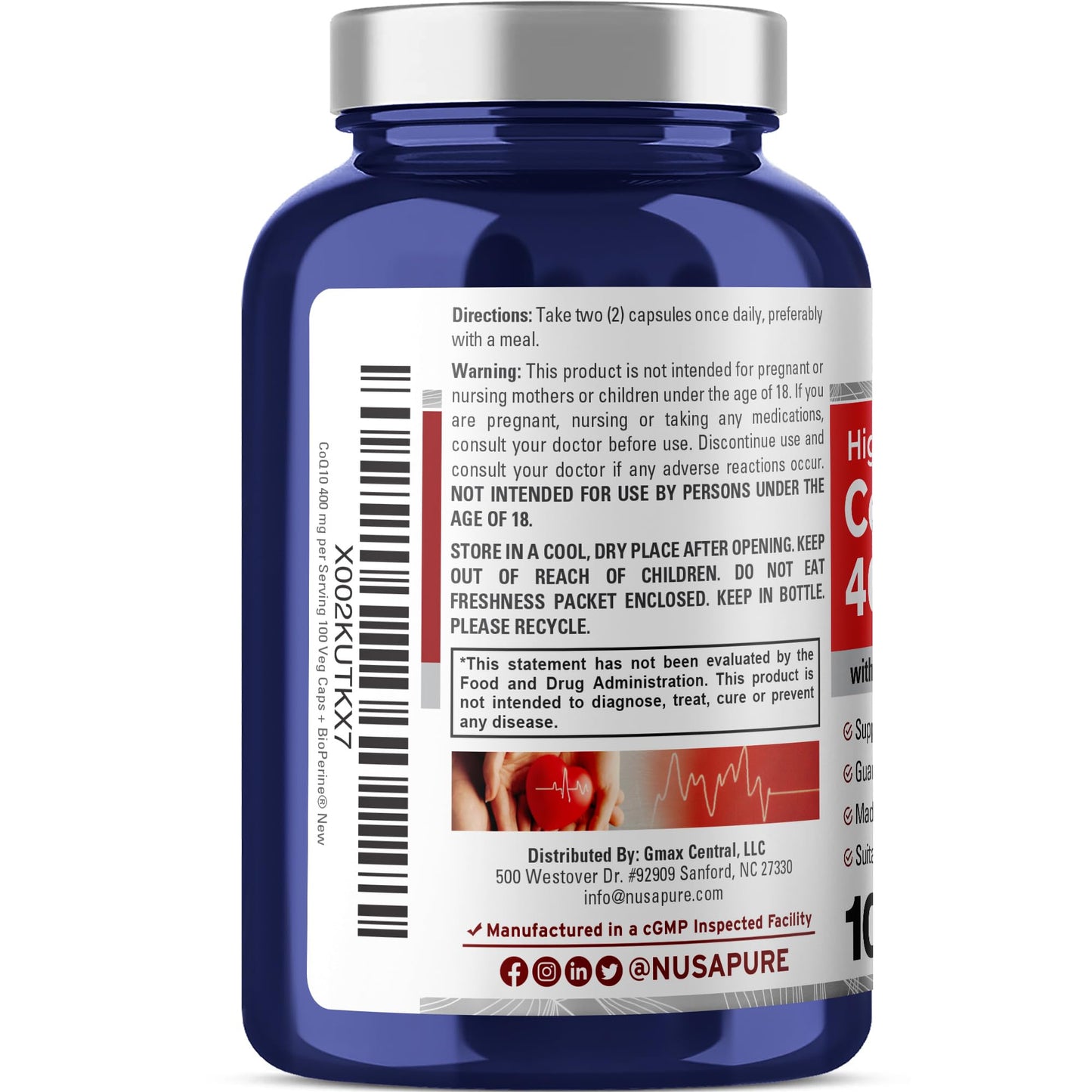 NusaPure CoQ10 400 mg 100 cápsulas vegetales (vegano, sin OMG) Suplemento de Coenzima Q10, Enzima Antioxidante COQ-10, Coq 10