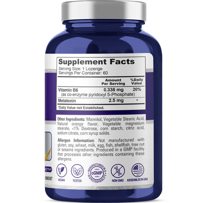 NusaPure Pastillas de melatonina con vitamina B6 - Disolución rápida, aptas para vegetarianos/veganos, sin OMG - 2,5 mg - 60 unidades