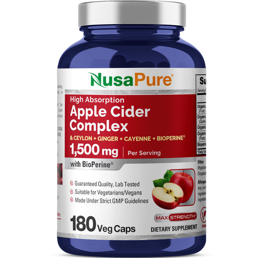 NusaPure Complejo de Vinagre de Manzana 1500 mg 180 Cápsulas Vegetales Apto para Vegetarianos y Veganos, No OGM