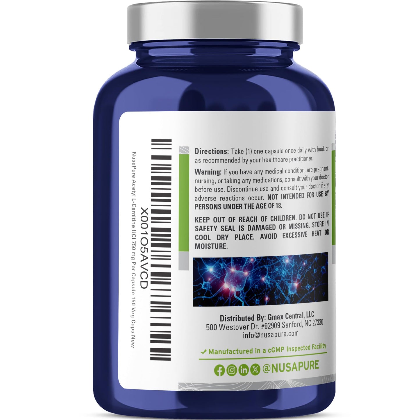 NusaPure Acetil L-Carnitina 750mg por Cápsula 150 Cápsulas Vegetales (Sin OGM, Vegano) Acetil L Carnitina HCL (ALCAR) de Alta Potencia