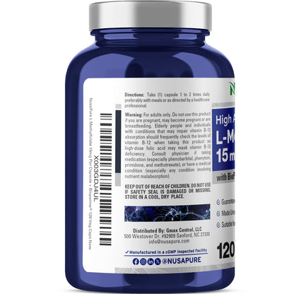 NusaPure L-metilfolato 15 mg, 120 cápsulas vegetales, bioperina y vegano
