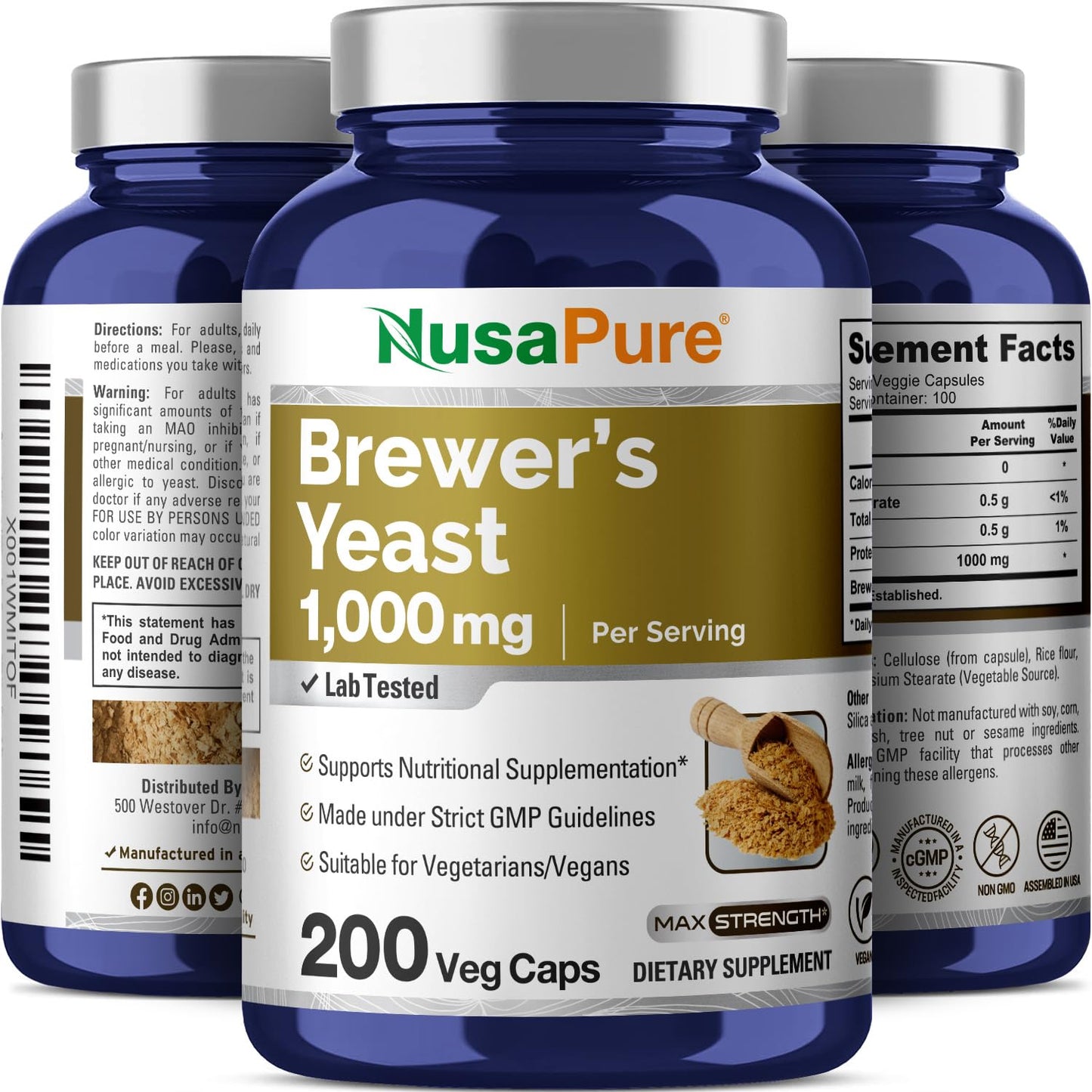Levadura de Cerveza NusaPure - Apta para Vegetarianos/Veganos, Sin OMG - 1000mg 200 Cápsulas