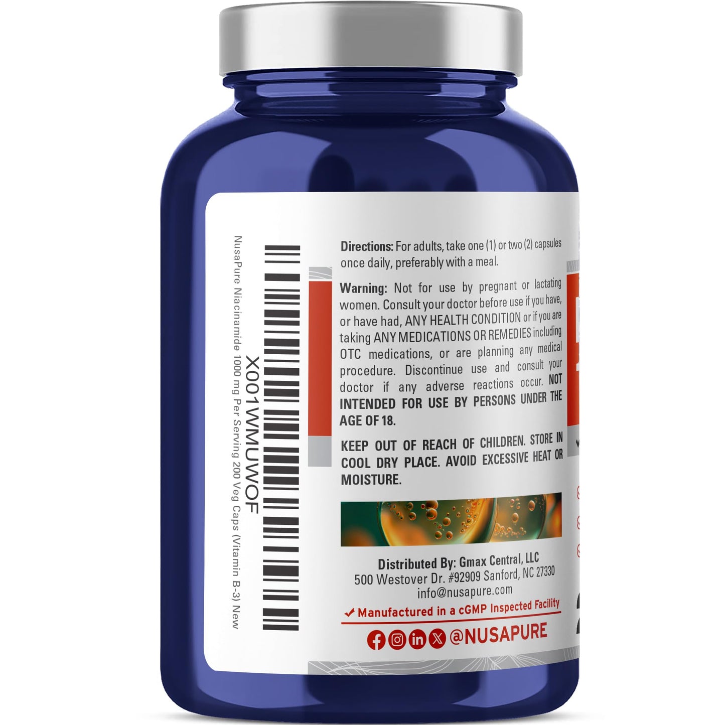 NusaPure Niacinamida 1000mg 200 Cápsulas Vegetales (Sin OGM, Vegano) Sin Enrojecimiento
