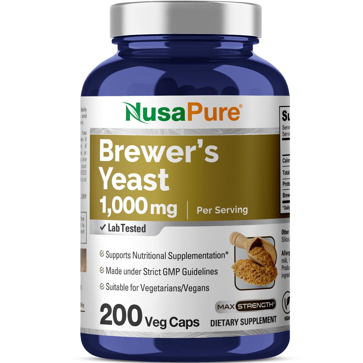 Levadura de Cerveza NusaPure - Apta para Vegetarianos/Veganos, Sin OMG - 1000mg 200 Cápsulas