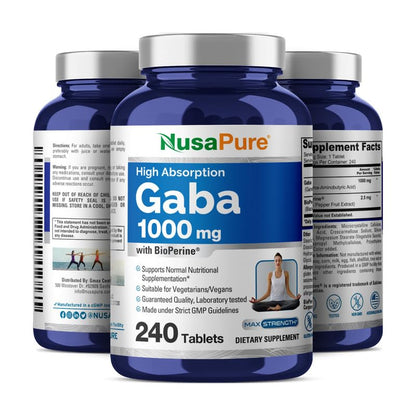 NusaPure GABA - Apto para vegetarianos/veganos, sin OMG - 1000 mg - 240 comprimidos