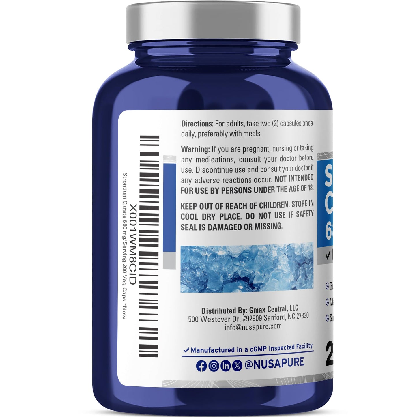 NusaPure Citrato de estroncio - Apto para vegetarianos/veganos, sin OMG - 680 mg 200 cápsulas