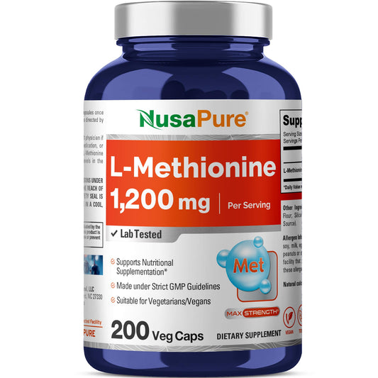 NusaPure L-Metionina 1200mg | 200 Cápsulas | No transgénico | Suplemento vegano