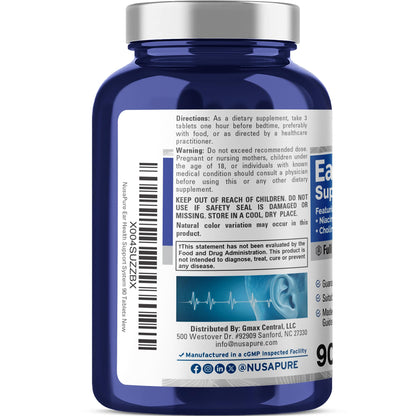 Sistema de apoyo para la salud auditiva de NusaPure – Vitamina C, vitaminas B, niacina, ácido pantoténico, calcio, colina, bioflavonoides e inositol – 90 comprimidos vegetarianos – Calidad GMP y vegano – Probado en laboratorio