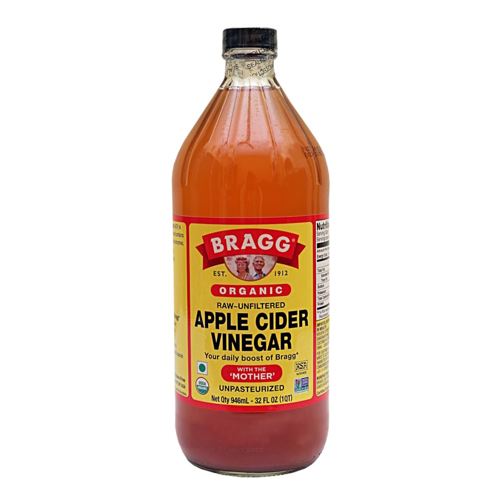 Vinagre de sidra de manzana crudo y orgánico Bragg con la madre – 32 oz