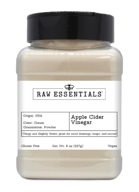 Raw Essentials Vinagre de sidra de manzana en polvo | Agrio y Ligeramente Dulce | Ideal para Ensaladas, Aderezos, Sopas y Salsas | Botella de 8 onzas | Sin gluten y Vegano