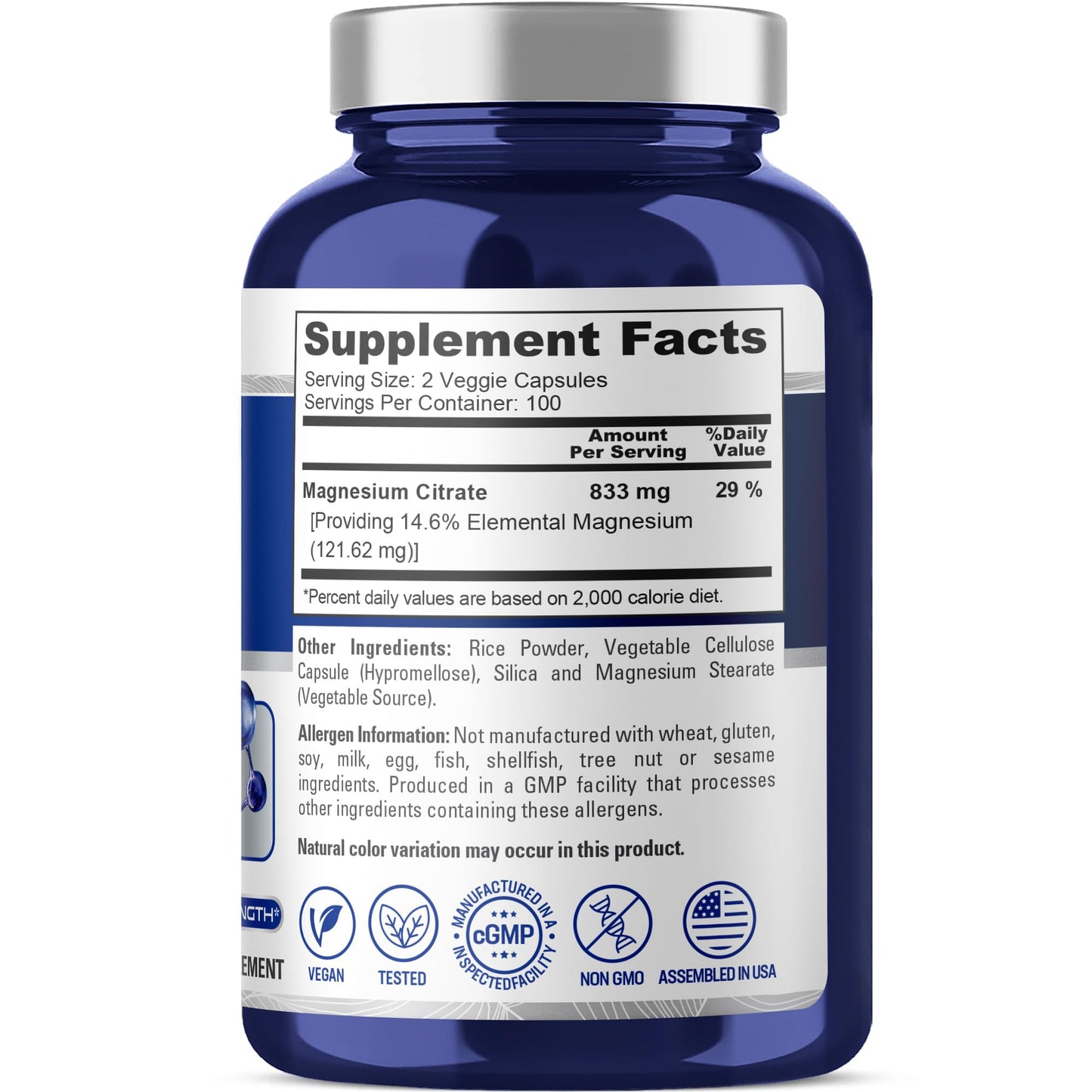 Citrato de Magnesio 833mg de NusaPure - 200 Cápsulas Vegetales (Vegetariano, No OGM, Vegano)